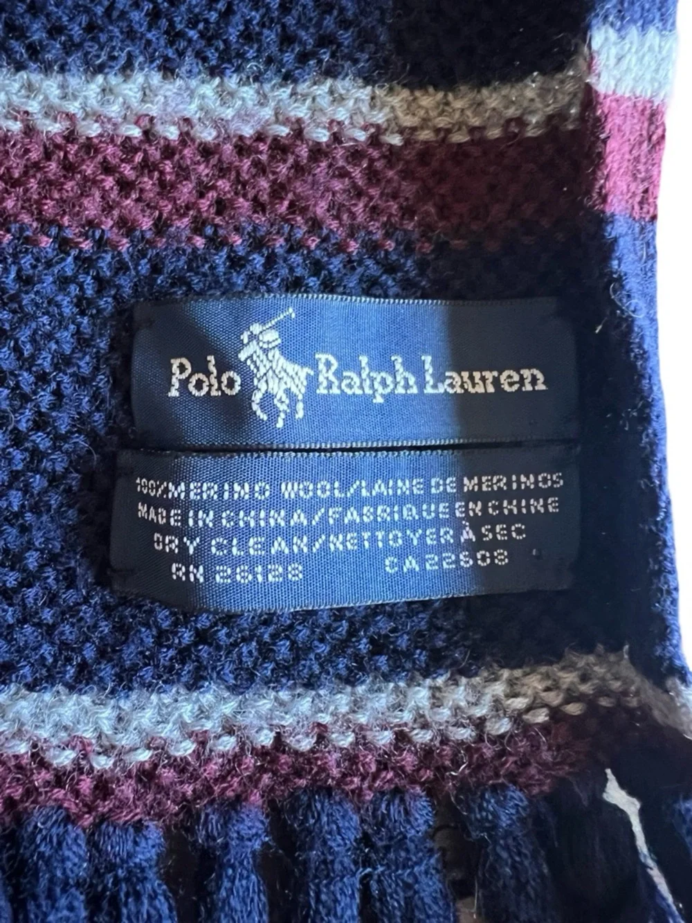 VTG POLO RALPH LAUREN 100% Merino Wool Striped Scarf Logo Blue Classic Luxe Prep